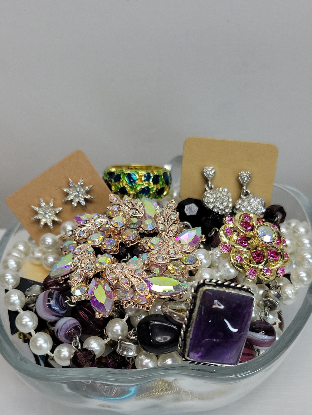 Assorted  Jewelry In A Glass Dish - Picture 3 of 3